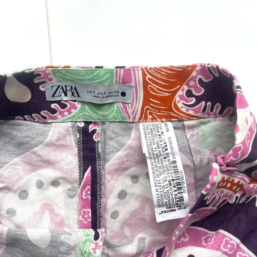 Zara Floral Print Linen Cotton Flare High Waist Trouser pants long tall